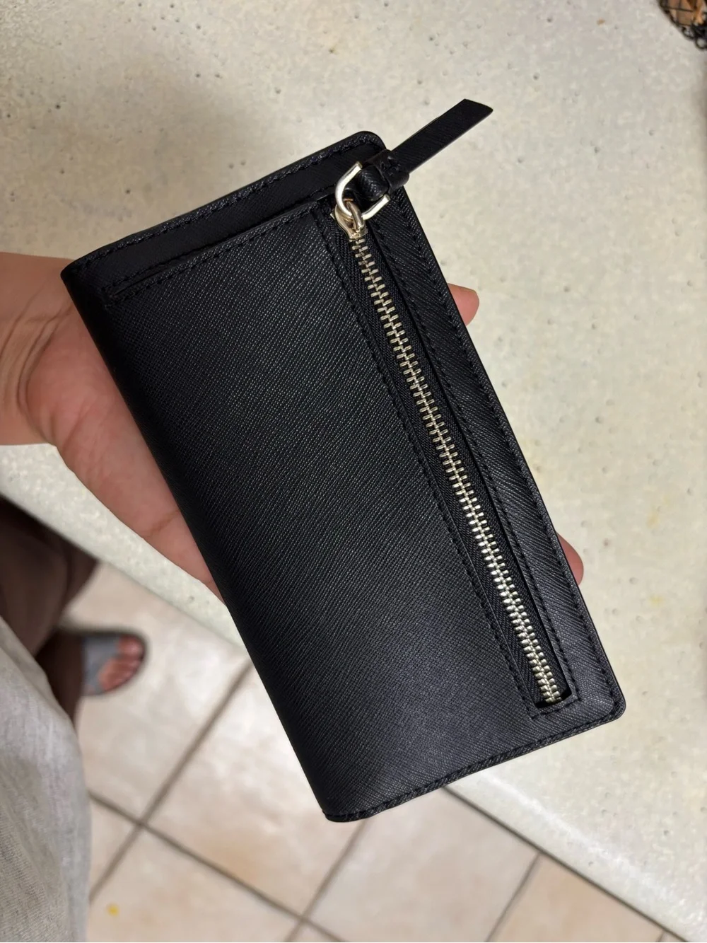 kate spade Black Saffiano Continental Zip Wallet with Gold Logo